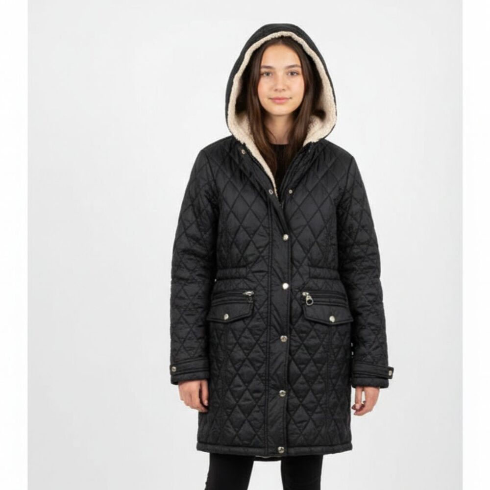 DKNY Black Quilted Sherpa Zip Up Hooded Midi Jacket Coat L